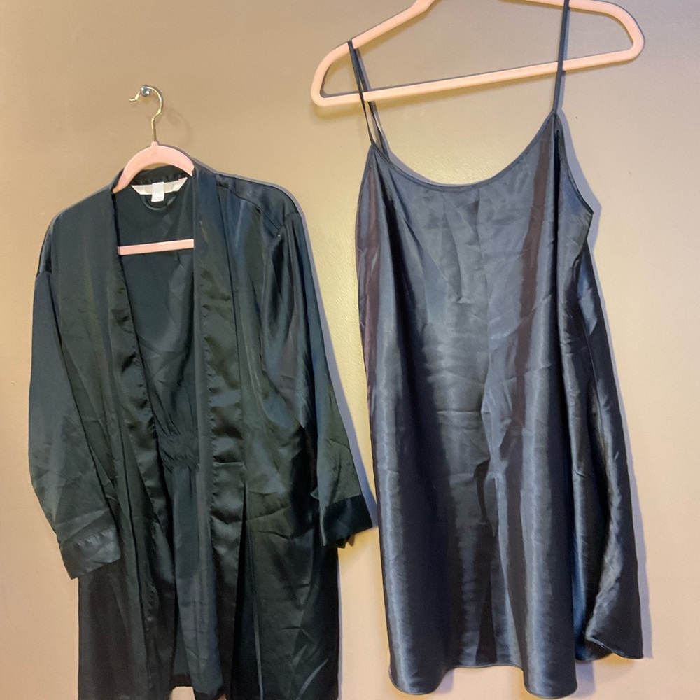 Black Satin Slip Dress and Robe Set one size